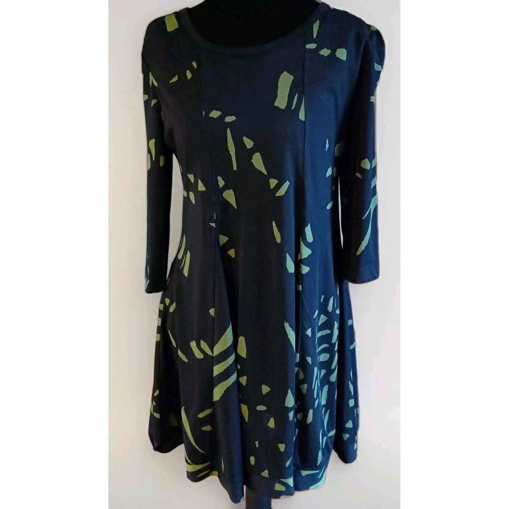 Didier Parakian France Black Green Abstract Print Tunic Dress 3/4 Sleeve Size 40